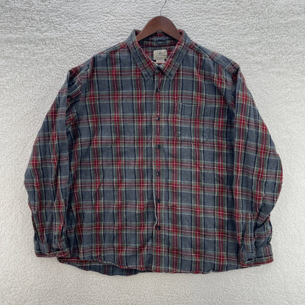 LL Bean Shirt Men 2XL Gray Green Flannel Scotch Plaid Lumberjack Outdoor Preppy